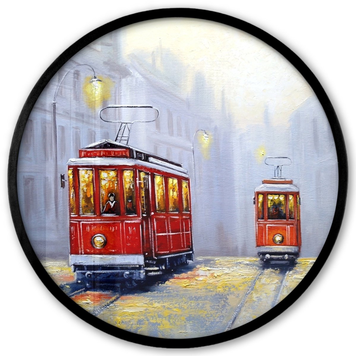FrameYourWall Poster in lijst Rond - Fotolijst 40x40 cm - Posters - Schilderij - Tram - Stad - Olieverf - Ronde posterlijst zwart - Decoratie - Wanddecoratie woonkamer - Muurdecoratie slaapkamer Multicolor