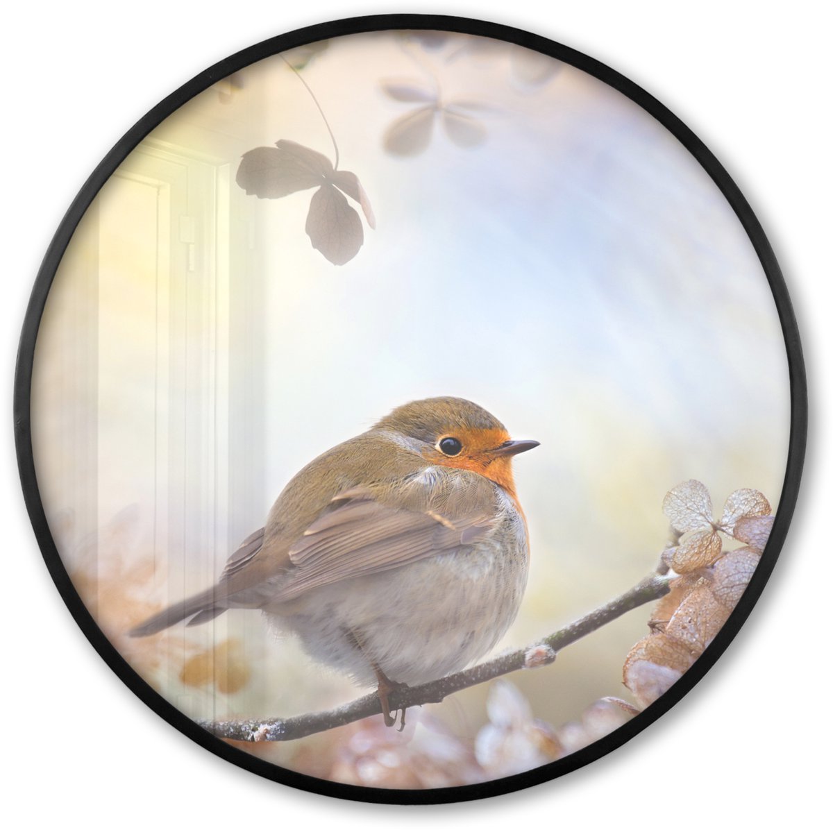 FrameYourWall Poster in lijst Rond - Fotolijst 60x60 cm - Posters - Vogel - Tak - Bladeren - Abstract - Ronde posterlijst zwart - Decoratie - Wanddecoratie woonkamer - Muurdecoratie slaapkamer Multicolor