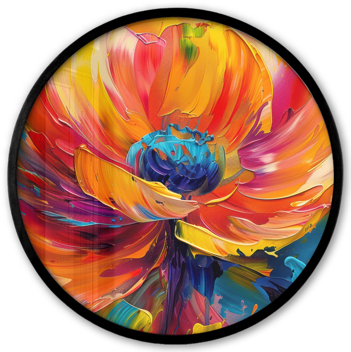 FrameYourWall Poster in lijst Rond - Fotolijst 40x40 cm - Posters - Bloem - Verflook - Modern - Abstract - Kleuren - Ronde posterlijst zwart - Decoratie - Wanddecoratie woonkamer - Muurdecoratie slaapkamer