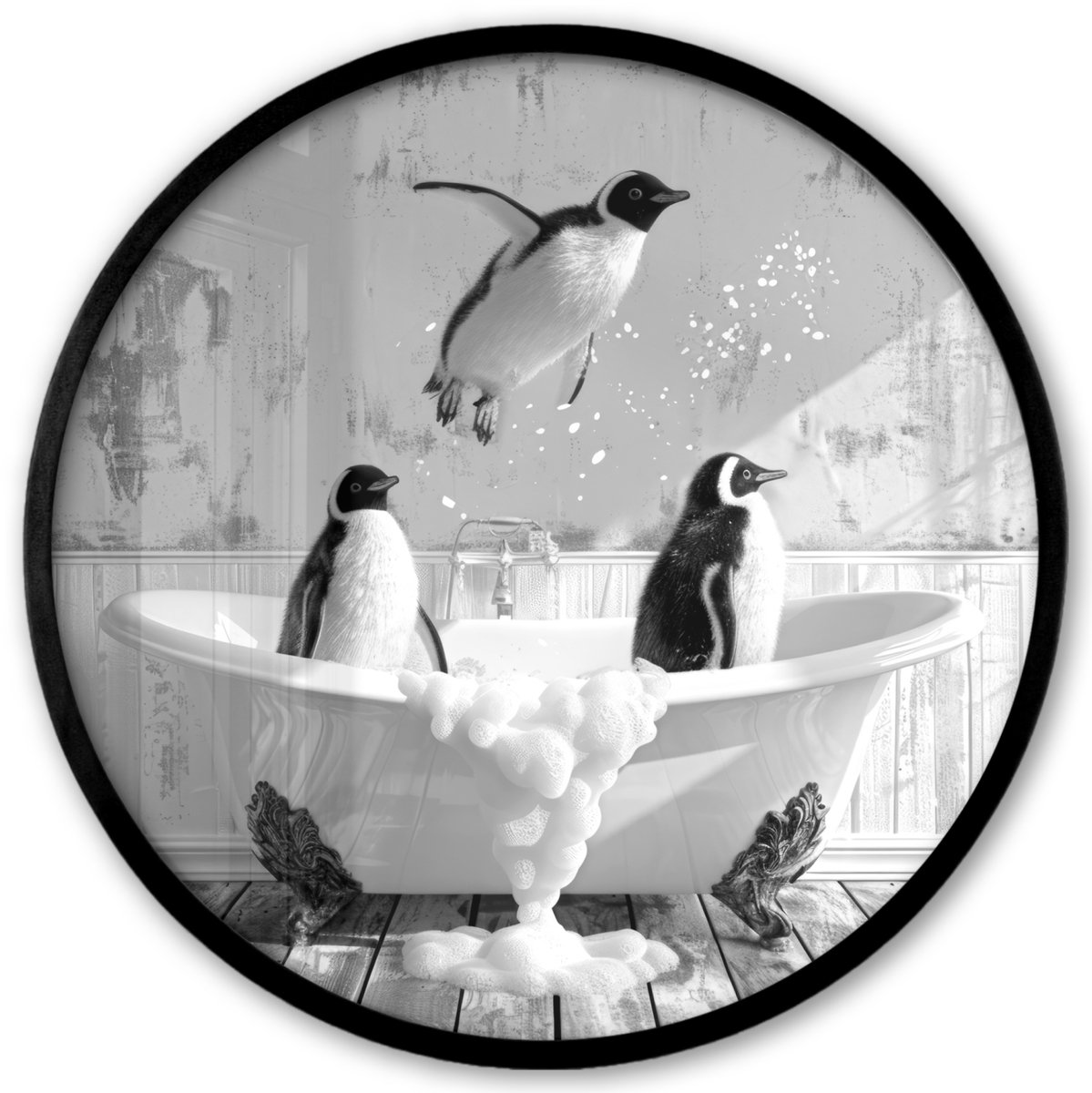 FrameYourWall Poster in lijst Rond - Fotolijst 40x40 cm - Posters - Pinguïns - Vintage - Dieren - Zwart - Wit - Ronde posterlijst zwart - Decoratie - Wanddecoratie woonkamer - Muurdecoratie slaapkamer