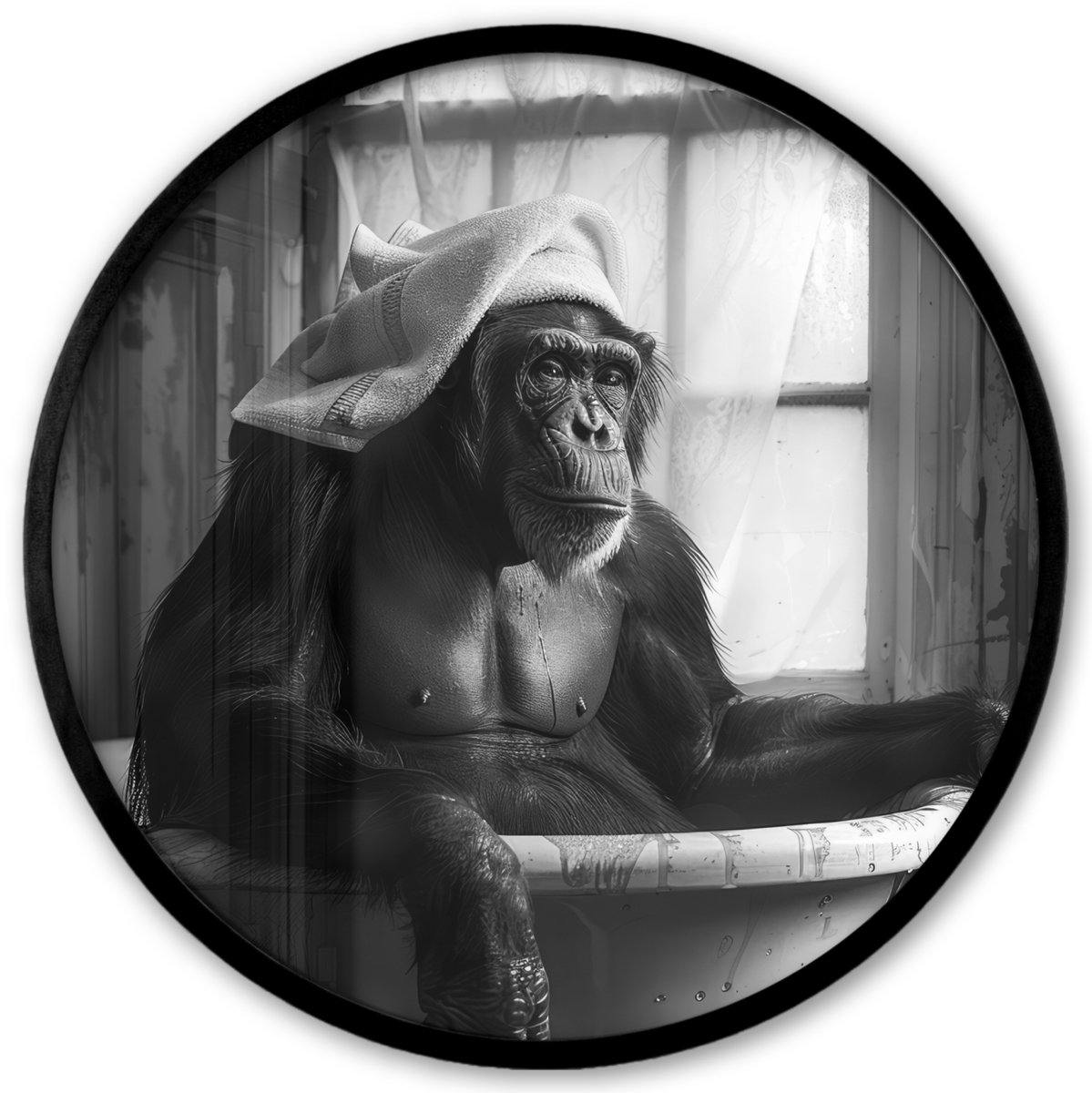 FrameYourWall Poster in lijst Rond - Fotolijst 40x40 cm - Posters - Aap - Dier - Bad - Zwart - Wit - Humor - Ronde posterlijst zwart - Decoratie - Wanddecoratie woonkamer - Muurdecoratie slaapkamer Aap - WC
