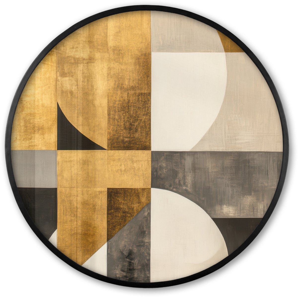 FrameYourWall Poster in lijst Rond - Fotolijst 60x60 cm - Posters - Abstract - Goud - Grijs - Vormen - Geometrisch - Ronde posterlijst zwart - Decoratie - Wanddecoratie woonkamer - Muurdecoratie slaapkamer Abstracte vormen