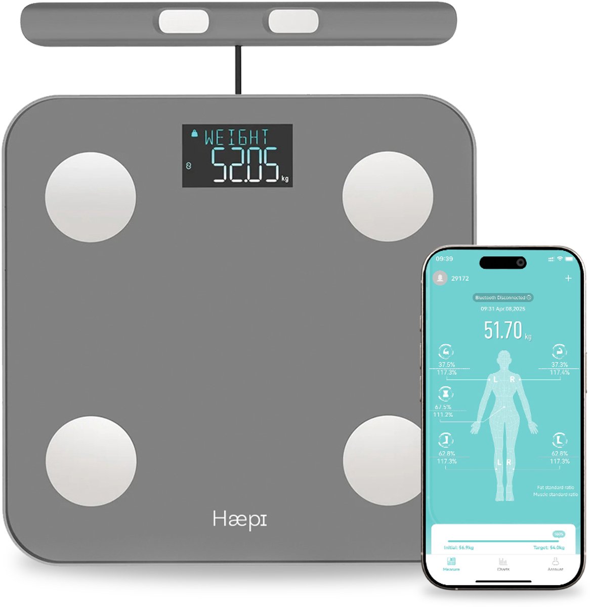 Haepi Anna - Weegschaal Personenweegschaal Digitaal - Slimme Weegschalen met 28x Lichaamsanalyse - Incl. App en Handvat en batterijen