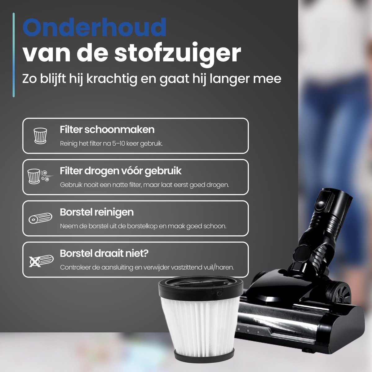 Steelstofzuiger G100 - 350W - Steelstofzuiger Draadloos - Stofzuiger Zonder Zak - 7-delige set met Buigbare Steel - 35kPa - Kruimeldief - Zwart - Saaf – foto 8