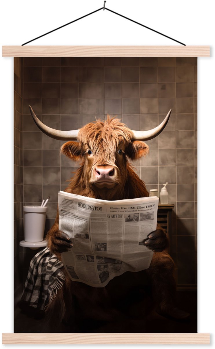 Posterhanger incl. Poster 40x60 cm - Schoolplaat - Schotse hooglander - Krant - Toilet - T
