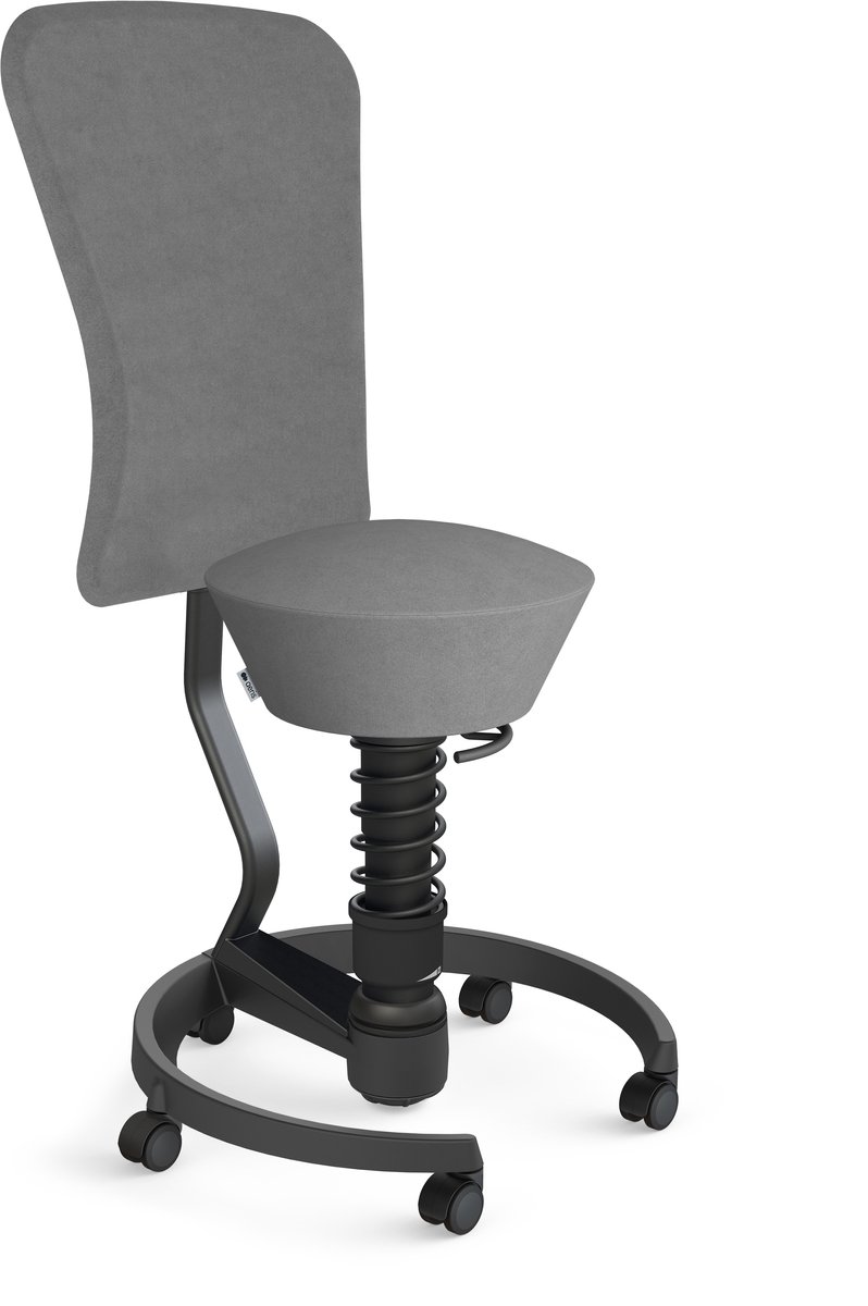 Aeris Swopper with backrest footring with castors (hard floor), black spring strut type: standard, black, spring black seat cover: wool blend Select (Gabriel), grey backrest pole: black, backrest cover: wool blend Select (Gabriel), grey