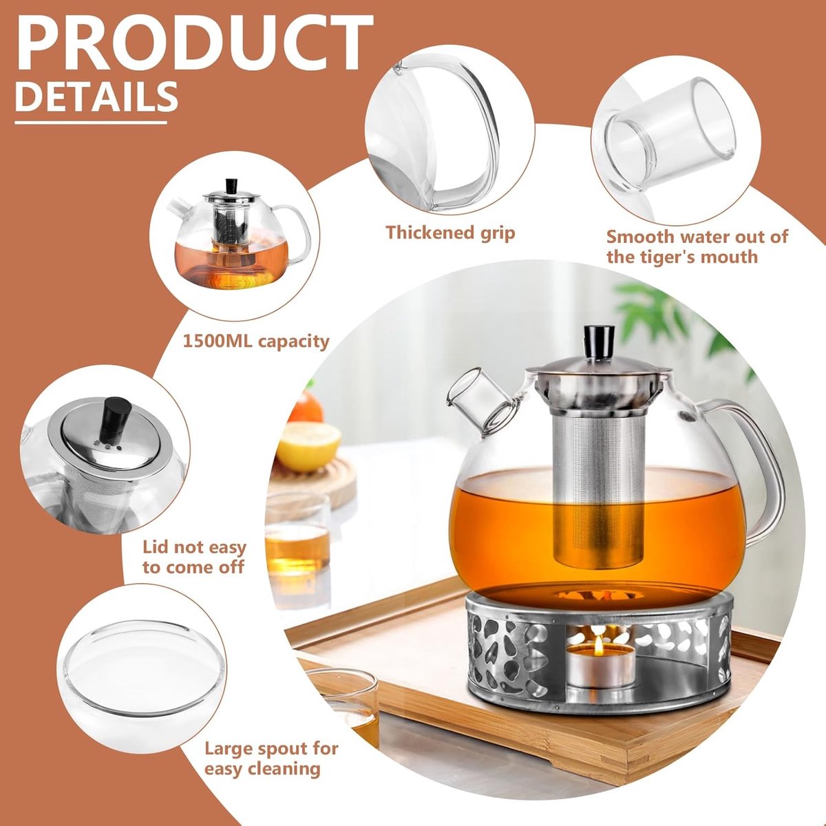 Stijlvolle glazen theepot van 1500 ml met filter en warmhouder voor losse thee, fruitinfusies en geurige theesoorten — cadeau in Kookcadeaus - foto 5