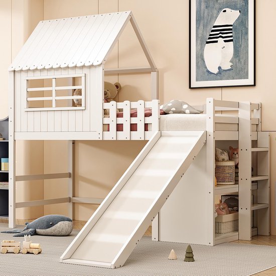 Lit enfant Pugsdrly 90 x 200 cm, style mezzanine, avec échelle et toboggan de sécurité, rangement multi-niveaux, lit multifonction, lit en bois massif, lit simple, lit mezzanine, blanc