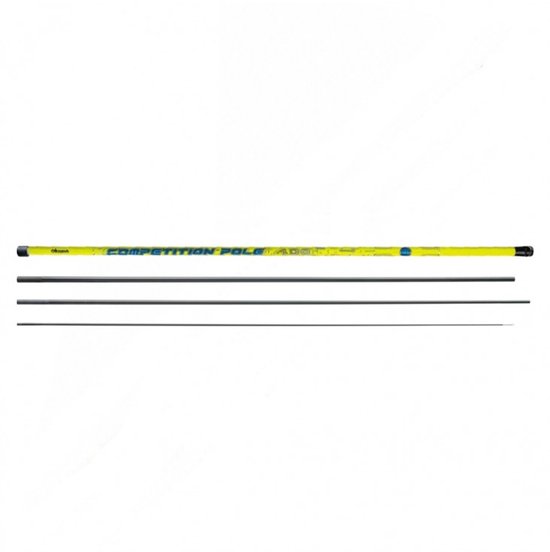 Gele hengel met de tekst 'COMPETITION POLE 500CM' in blauwe letters. Drie dunne delen zichtbaar.