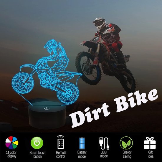 Daity Off-road motorfiets cadeau, off-road motorfiets 3D nachtlampje, geschikt als kerst verjaardagscadeau voor kinderen, geschikt voor kindermotorfans met afstandsbediening, 16 kleurveranderingen van Daity — afbeelding 5