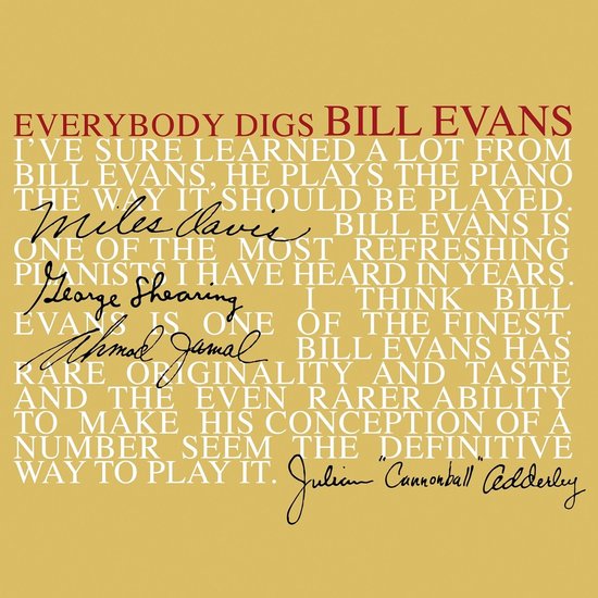 Pochette d'album avec le texte 'EVERYBODY DIGS BILL EVANS' et les signatures de Miles Davis, George Shearing et Cannonball Adderley.