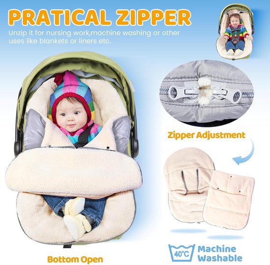 Voetenzak babyschaal winter, universele baby wikkeldeken winter met verstelbare kraag, warme berberfleece voering, ritssluiting, geschikt voor Maxi-Cosi, Cybex, Romeinen enz. (lichtgrijs) — afbeelding 4