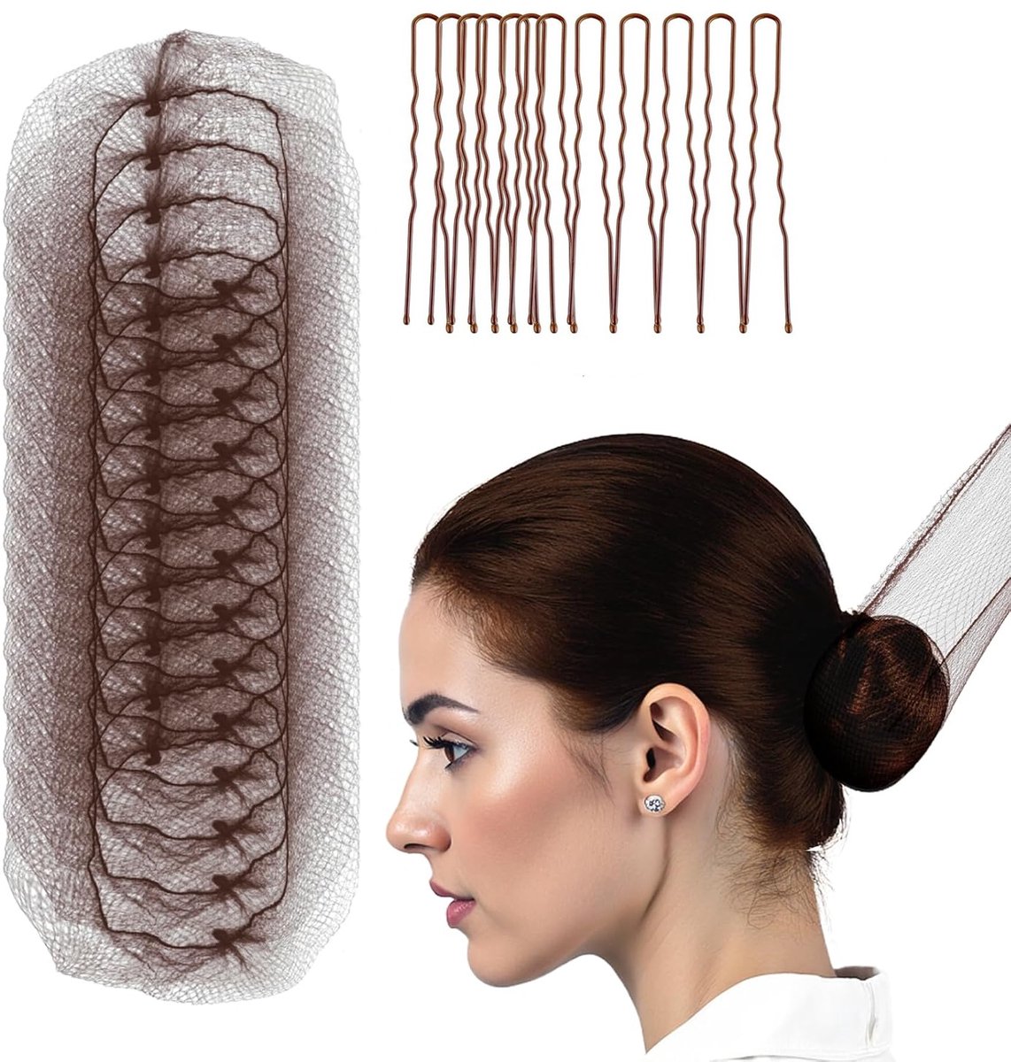 PigMig Lichtbruine Haarnetjes + 50 U-Spelden – 50x Onzichtbaar Elastisch Knotnet 55 cm Nylon Ballet Paardrijden Dans