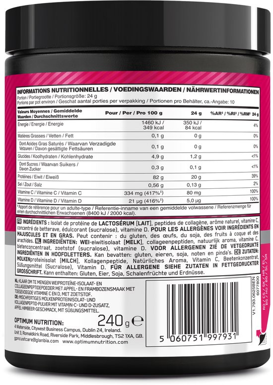 Optimum Nutrition Clear Whey Protein Isolate + Collagen - Apple Raspberry Proteine Poeder - Eiwitshake - Eitwit Limonade - 240 gram (10 servings) van Merkloos — afbeelding 5
