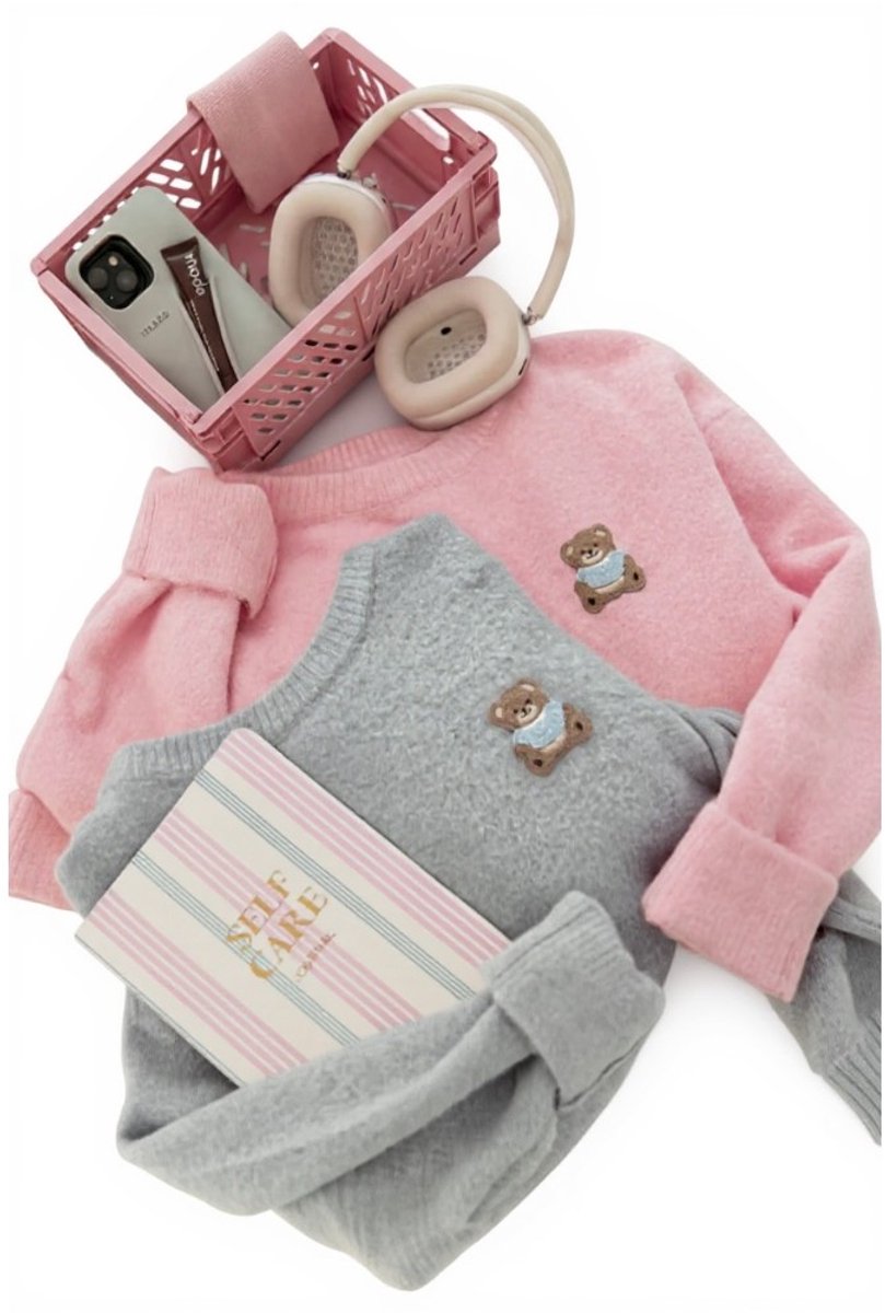 Grijze Trui Teddy Bear - Trendy Zachte Truien - Fashion Dames Sweaters - Beertjes Print - One size - Grijs — cadeau in Mode & Accessoires - foto 3