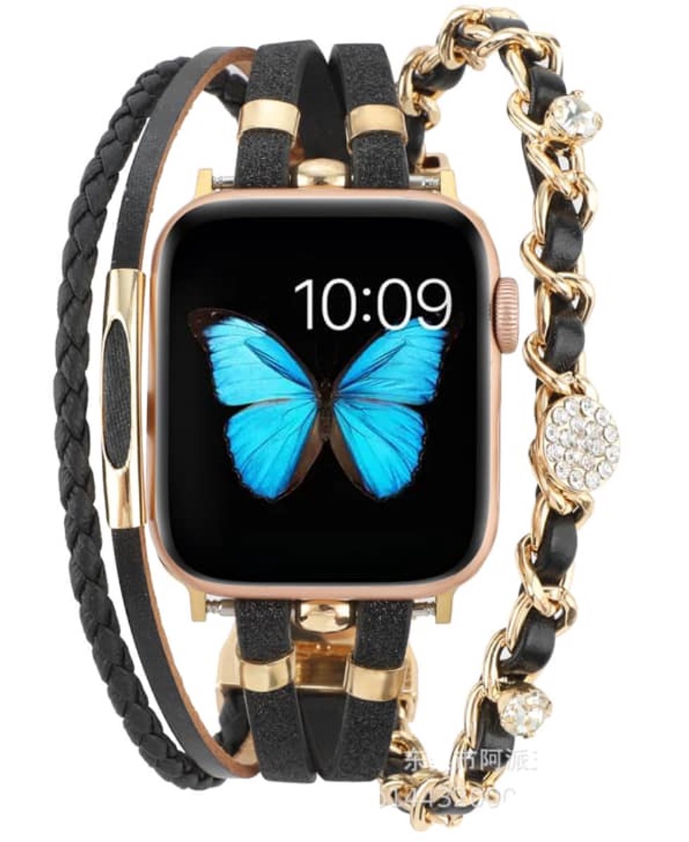 Apple Watch bohemian horloge bandje 38-40-41mm leer stras bling stalen sluiting