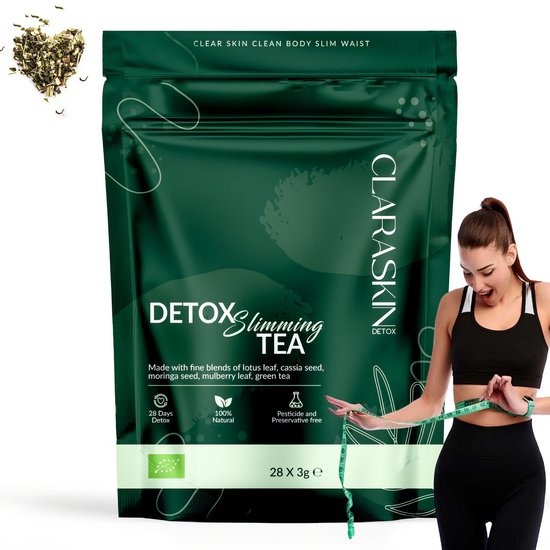 CLARASKIN® | BIO | Thé Detox et minceur, thé des déchets | 28 sachets de thé x 3 g net | Feuille de lotus 1000 mg, graines de moringa 900 mg, extrait de thé vert 400 mg, graines de cassia 400 mg, feuille de mûrier 300 mg | par sachet de 3 g |