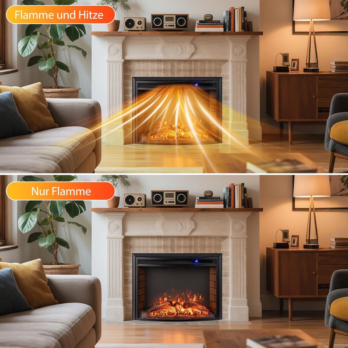 Elektrische Inbouwhaard Ganeey FlameView 3D – 1500W Wandhaard met Afstandsbediening & Thermostaat – Oververhittingsbeveiliging, 3 Vlamkleuren, 6 Helderheidsniveaus, Timerfunctie, 5000 BTU – Moderne Zwarte Elektrische Open Haard met Gebogen Glas