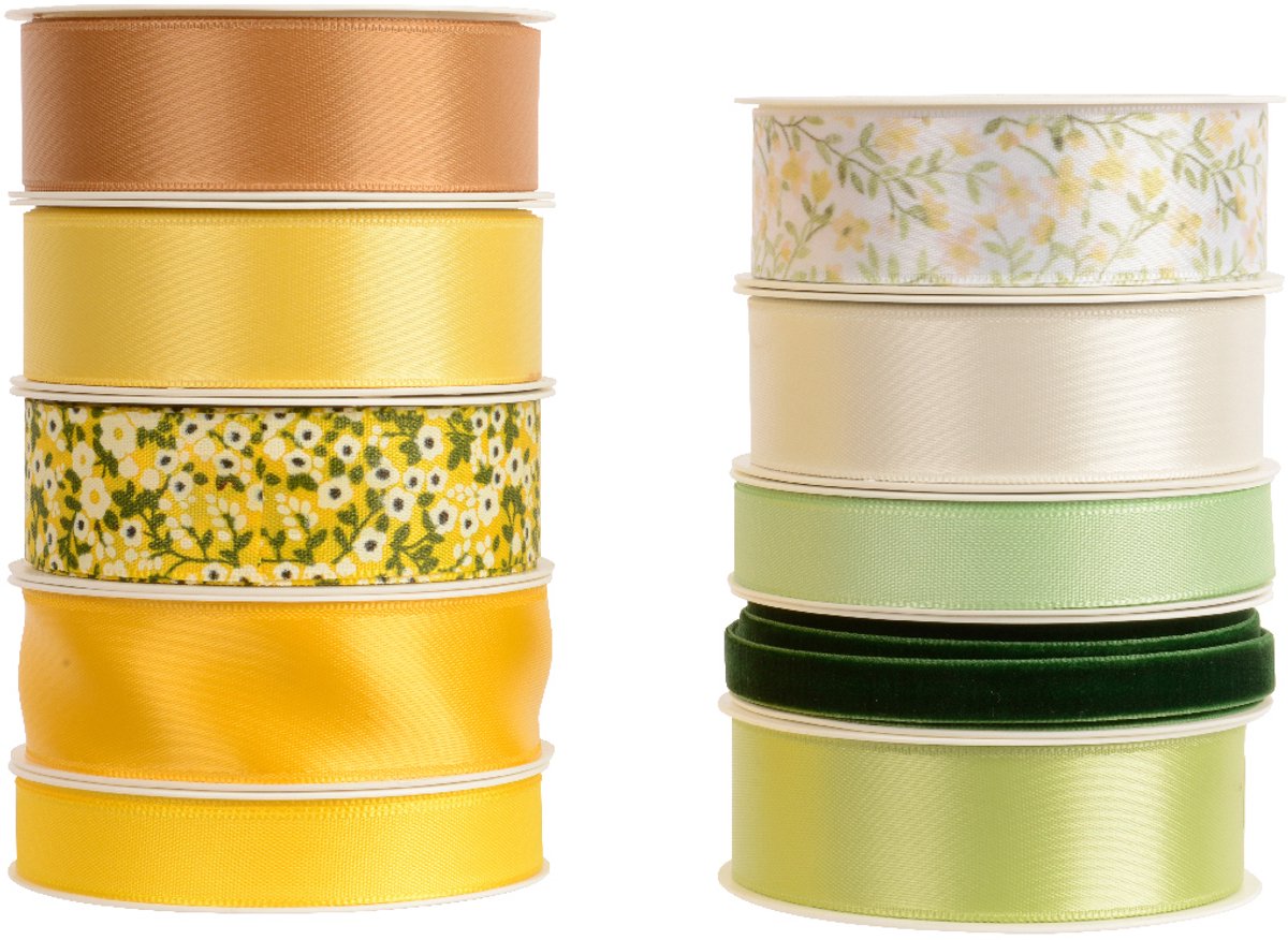 Decoris - Duo-set van 5 Decoratieve Linten – 400×1,5 cm - Gele en Groene Tint – Polyester (10st)
