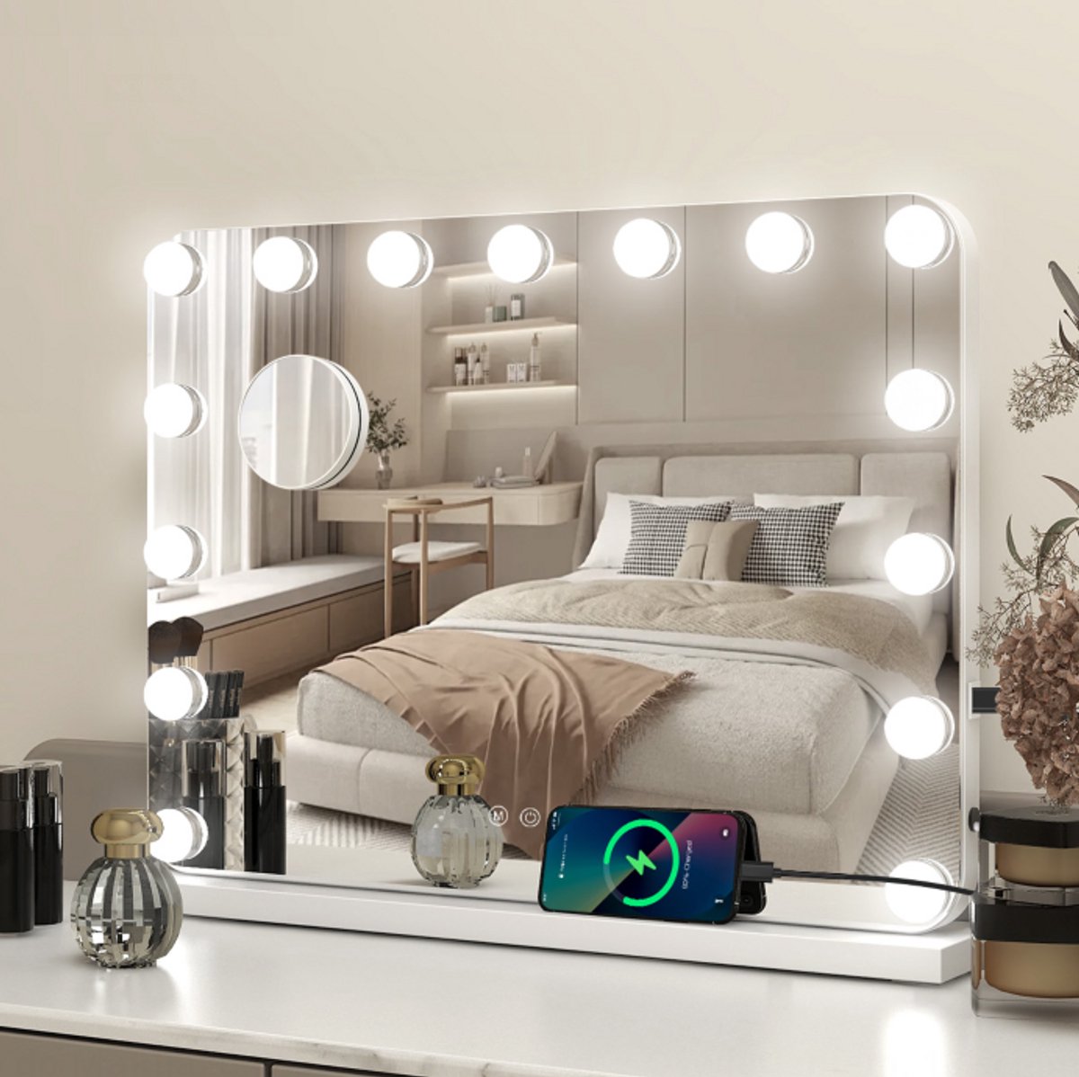 Puluomis Hollywood Spiegel 58x46CM - 15 LED-lampen - Make Up Spiegel met verlichting - USB Oplaadpoort - 10x Vergroting - 3 lichtstanden - Dimbaar - Smart Touch