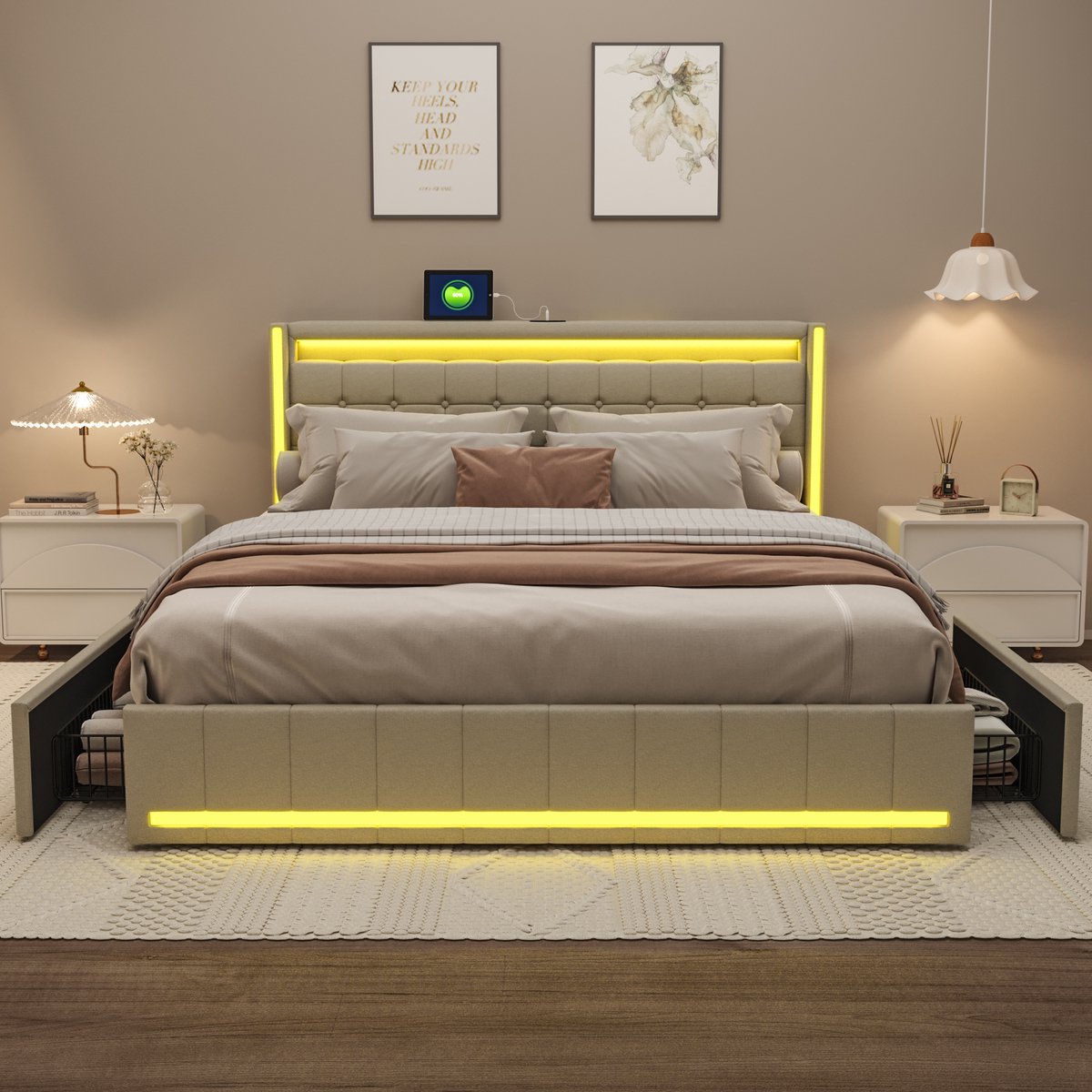 ROSAHQNDA Modern gestoffeerd tweepersoonsbed 140x200cm Gestoffeerd bed met 4 lades en lattenbodem, LED-verlichting en USB-oplaadfunctie, tweepersoonsbed met opbergruimte, jeugdbed, beige linnen stof, zonder matras (gesplitst voor 2 pakketten voor verzending)