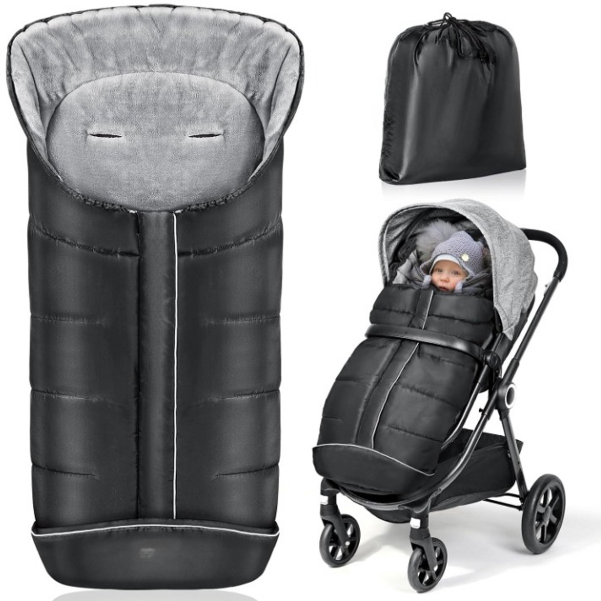 Voetenzak kinderwagen, voetenzak, buggy, voetenzak, kinderwagen, winter, met Wamres koraalfleece, ritssluiting, antislip en reflecterende strepen, universeel en waterdicht, zwart - Lang (97 * 44 cm)