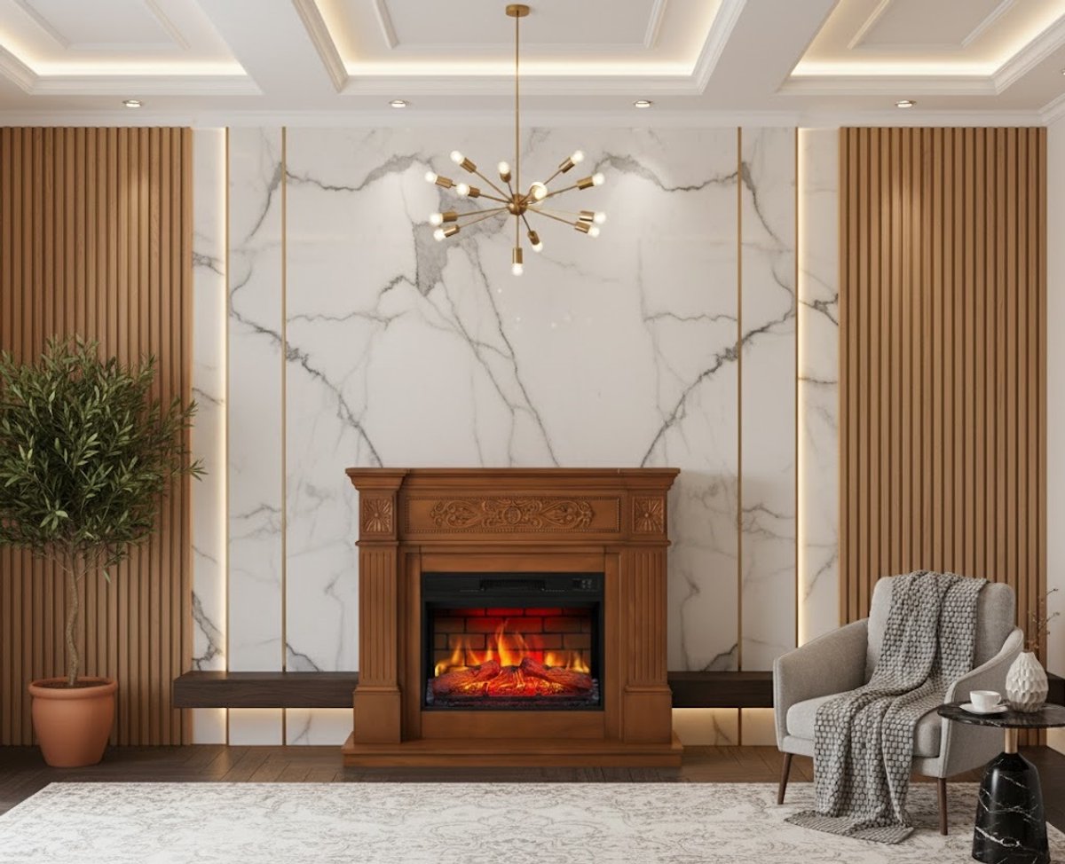 Elektrische Haard Toscana LuxeFire AF23 – 1800W Infrarood Verwarming met Realistisch 3D Vlameffect, LED Verlichting, Knettereffect, Afstandsbediening, Thermostaat & Timer – Eiken MDF – Moderne Sfeerhaard voor Woonkamer tot 30m² HomeByNicole