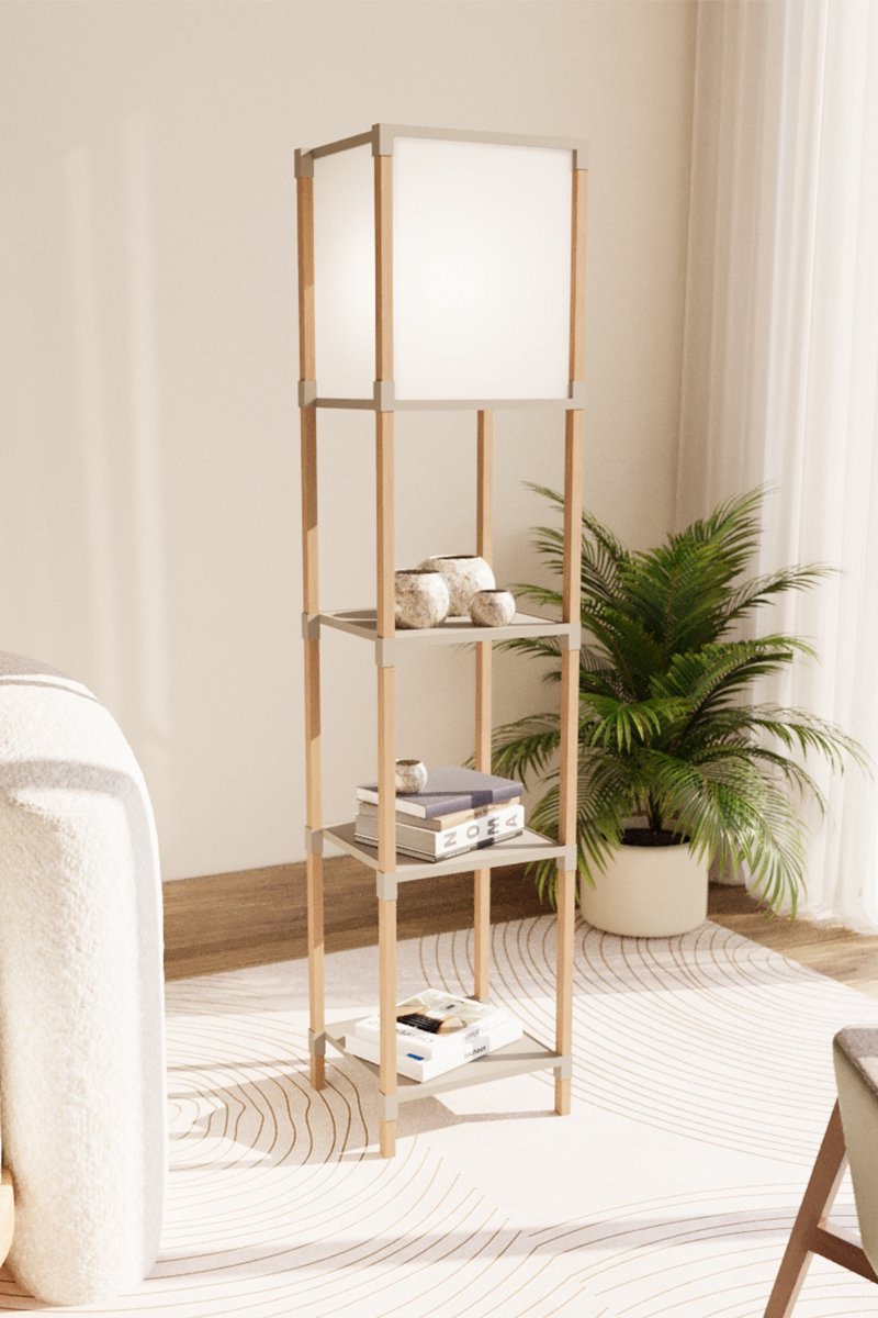 Fixwood Houten Staande Lamp met 3 Planken – Scandinavisch Design – Etagère Vloerlamp – Hout & Linnen – Warm Wit Licht – Voor Woonkamer, Slaapkamer of Kantoor thumbnail 3