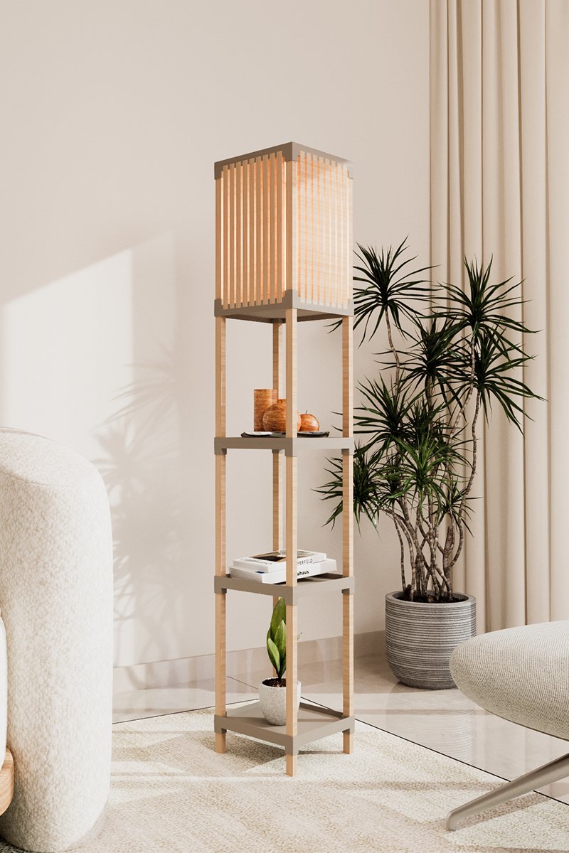 Fixwood Houten Staande Lamp met 3 Planken – Scandinavisch Design – Etagère Vloerlamp – Hout & Linnen – Warm Wit Licht – Voor Woonkamer, Slaapkamer of Kantoor thumbnail 4