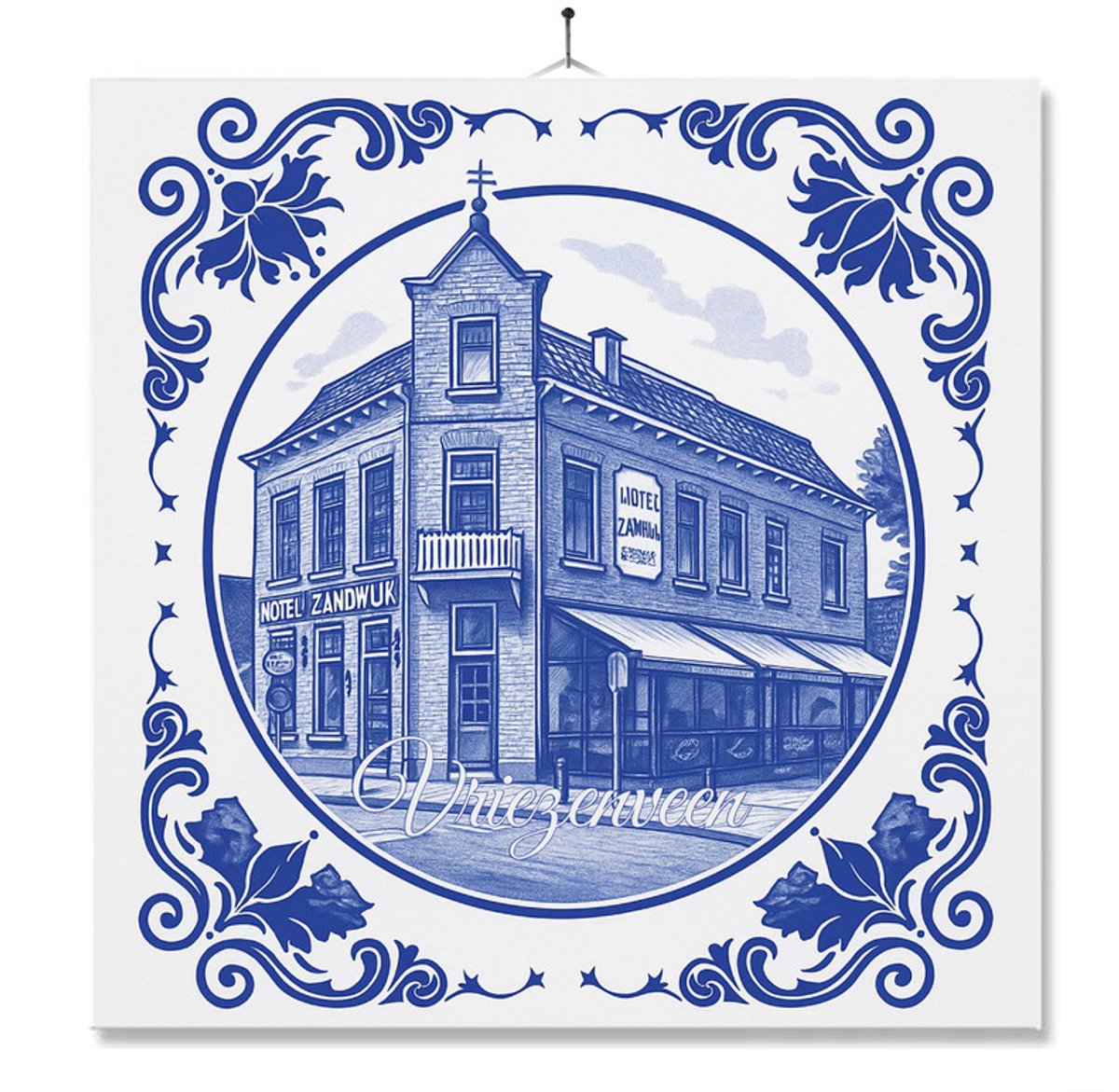 Tegel Met Opdruk | Vriezenveen | Delft Blauw | Cadeau | Inclusief Geschenkdoos | Standaard | Ophangsysteem