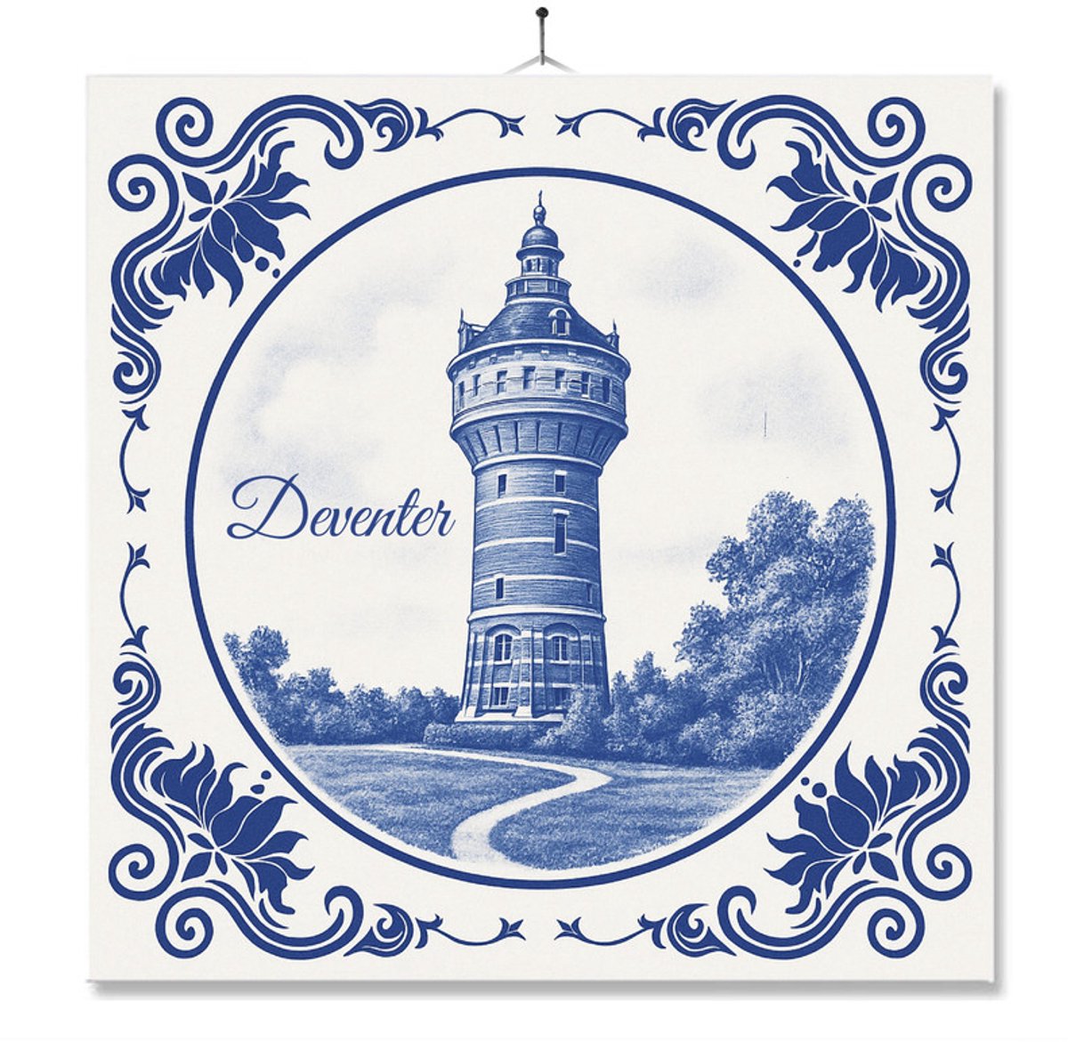 Tegel Met Opdruk | Deventer | Delft Blauw | Cadeau | Inclusief Geschenkdoos | Standaard | Ophangsysteem