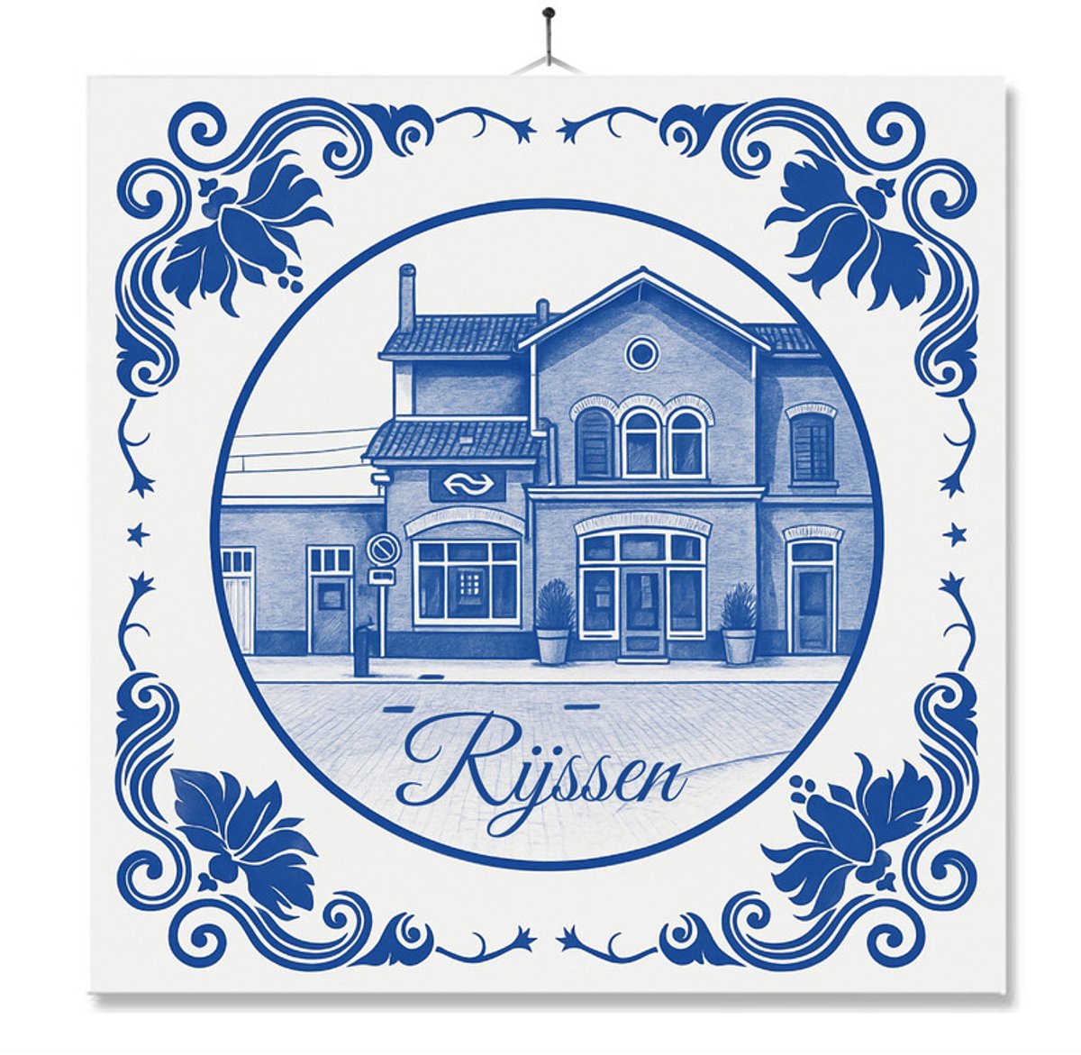 Tegel Met Opdruk | Rijssen | Delft Blauw | Cadeau | Inclusief Geschenkdoos | Standaard | Ophangsysteem