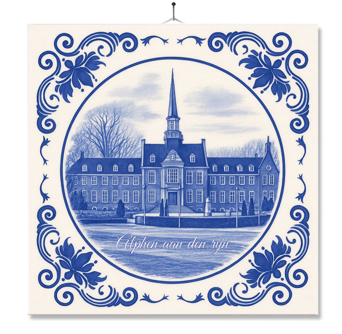 Tegel Met Opdruk | Alphen Aan Den Rijn | Delft Blauw | Cadeau | Inclusief Geschenkdoos | Standaard | Ophangsysteem