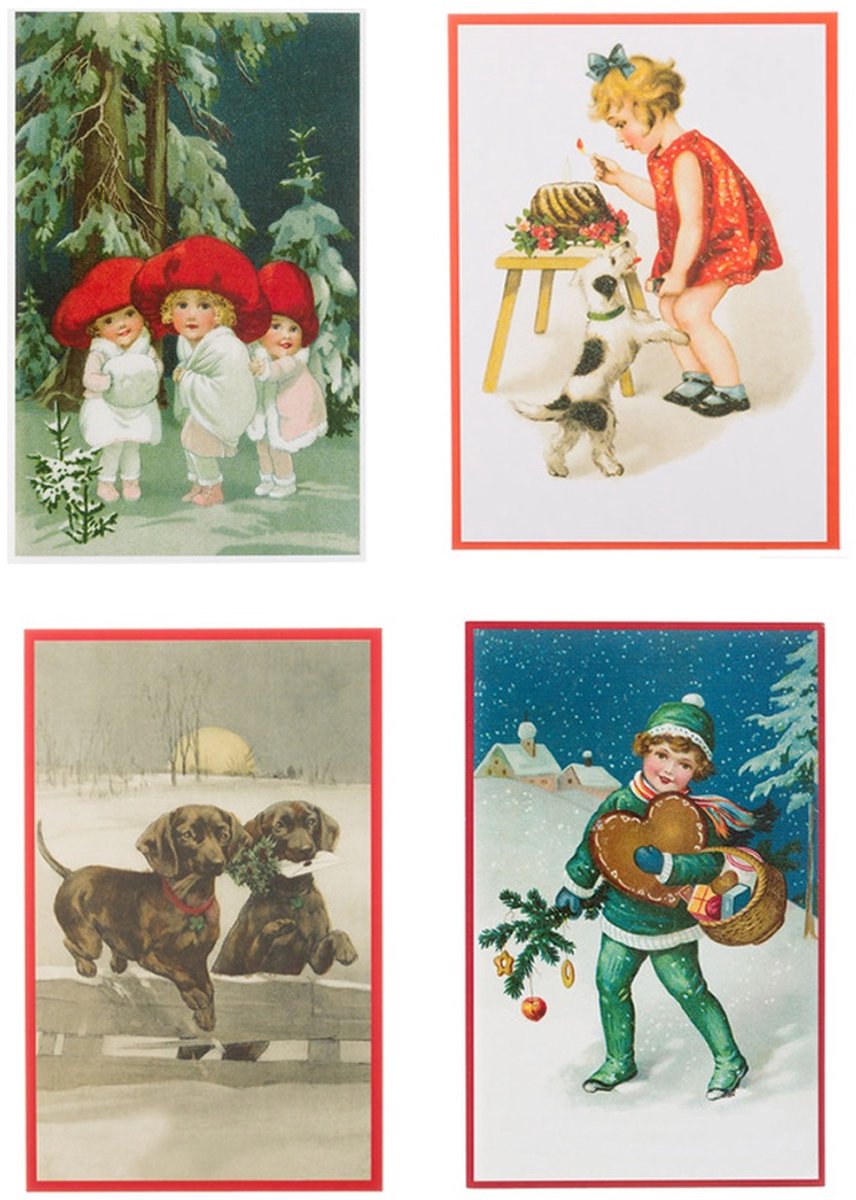 Nostalgische kerstkaarten - 4 stuks - Franz_Josef - Klassieke Vintage afbeeldingen - Winter - Sneeuw - Feestelijk - Jaarwisseling - Oude Brocante kerstkaarten 15X10,5 en 14X9