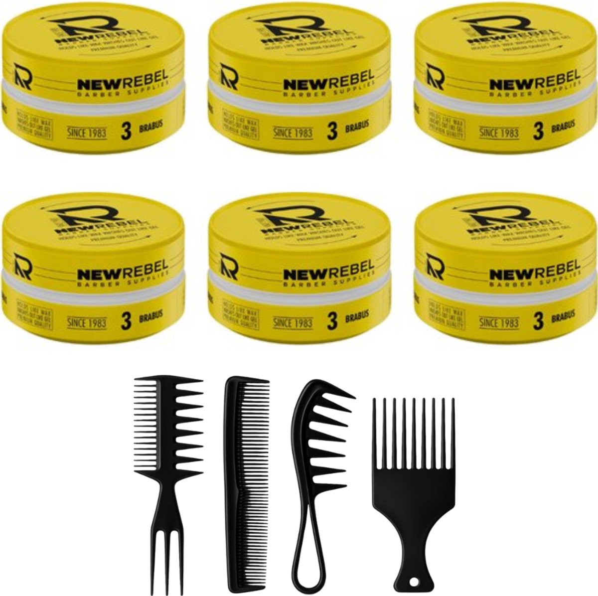 NEW REBEL 03 Brabus Hair Wax Ultimate – 6x150 ml + 4-delige Zwarte Kammenset – Sterke Hold & Makkelijk Uitwasbaar - Haar Wax Mannen - 6 Stuks 900ML