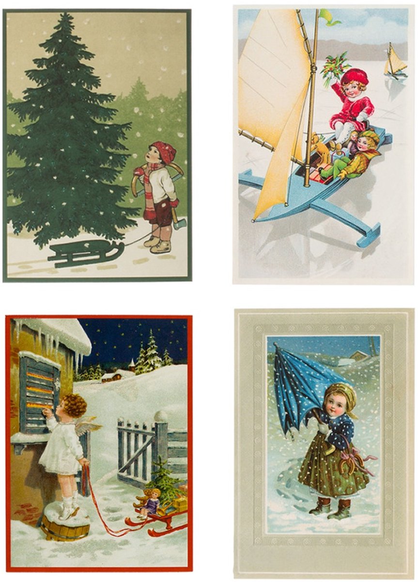 Nostalgische kerstkaarten - 4 stuks - Franz_Josef - Klassieke Vintage afbeeldingen - Winter - Sneeuw - Feestelijk - Jaarwisseling - Oude Brocante kerstkaarten 15X10,5 en 14X9