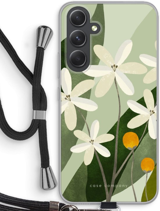 Transparant telefoonhoesje met een bloemenprint in pastelgroen, crème en oranje. Zwart koord zichtbaar.