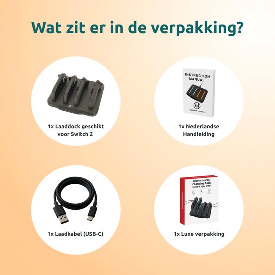 Overzicht van de inhoud: laaddock, Nederlandse handleiding, USB-C kabel en luxe verpakking.