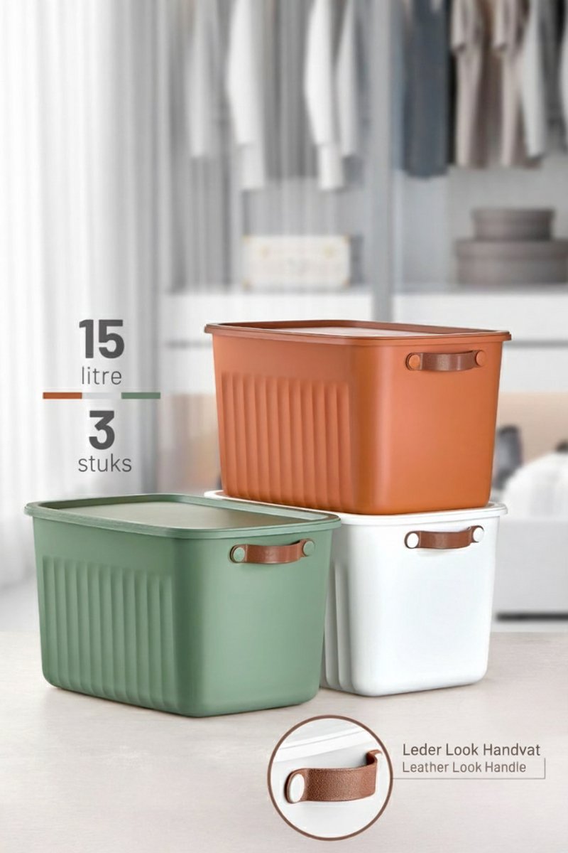 Tobeyz - Opbergbox - Opbergdoos - Opbergmand - 3 Stuks - 15L BPA-vrije Kunststof Opbergbox met Deksel – Nestelbaar en Stapelbaar – Ideaal voor Badkamer, Keuken en Speelgoedopslag - Wit, Groen, Baksteenrood