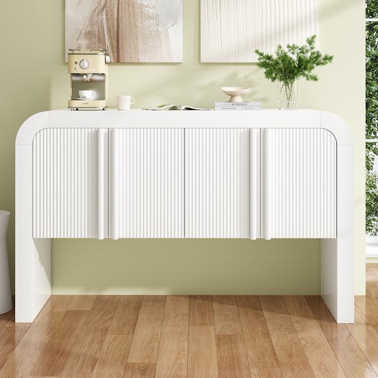 Re-purelife® Modern & Elegant Dressoir 120x39,8x75cm –Stevig Materiaal – Opbergkast met Ronde Hoeken en 4 Deuren – Kast met Magnetische Sluiting voor Keuken, Woonkamer of Eetkamer – Wit