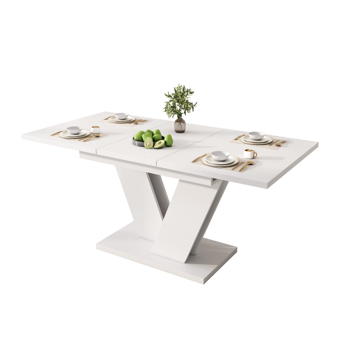 Merax Uitschuifbare Eettafel - 120/160x80 cm - Rechthoekige Eettafel - Voor 4-6 Personen - MDF Tafelblad - V-vormige Poten - Wit