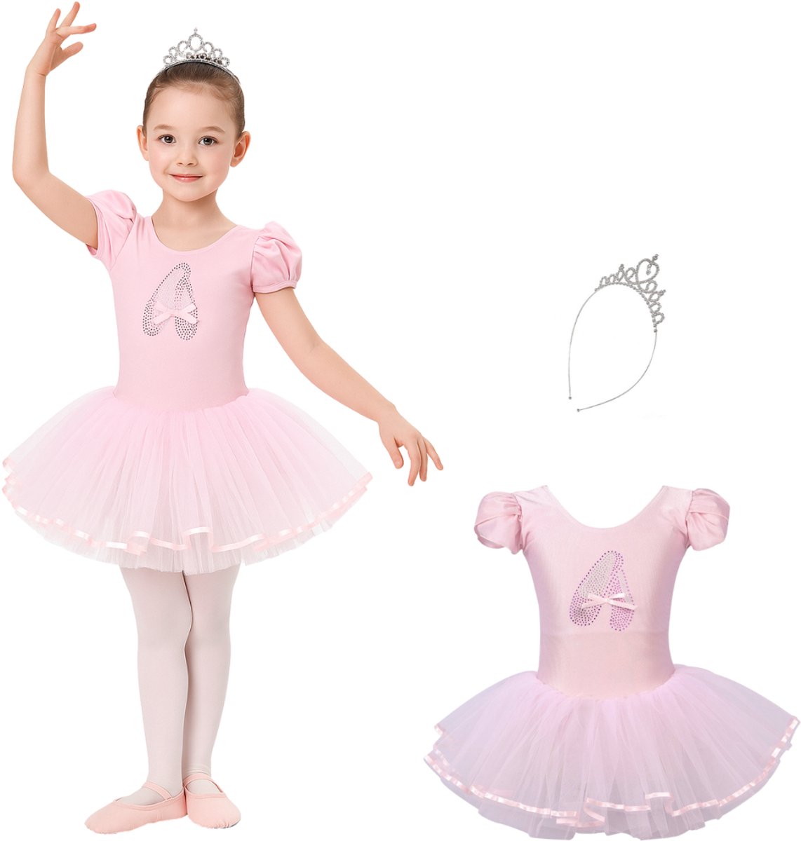 Joya Kids® Roze balletpakje met tutu en glitterprint | Ballerina jurkje | Ballet Jurk + Kroontje | Maat 110/116 (110) | Cadeau meisje