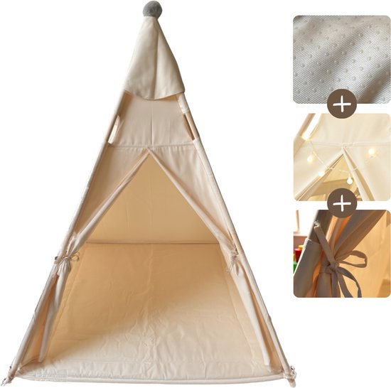 Crème tipi tent met anti-slip mat, verlichting en bevestigingstouwtjes.