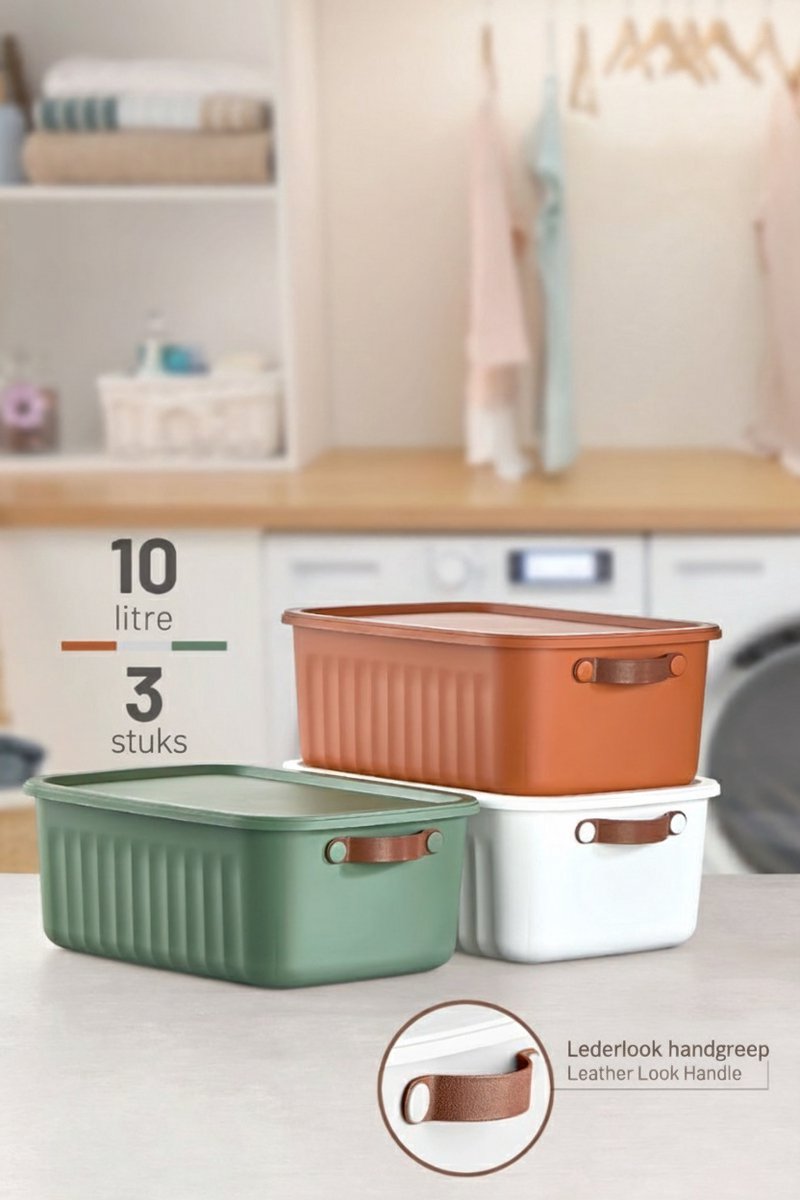 Tobeyz - Opbergbox - Opbergdoos - Opbergmand - 3 Stuks - 10L BPA-vrije Kunststof Opbergbox met Deksel – Nestelbaar en Stapelbaar – Ideaal voor Badkamer, Keuken en Speelgoedopslag - Wit, Groen, Baksteenrood