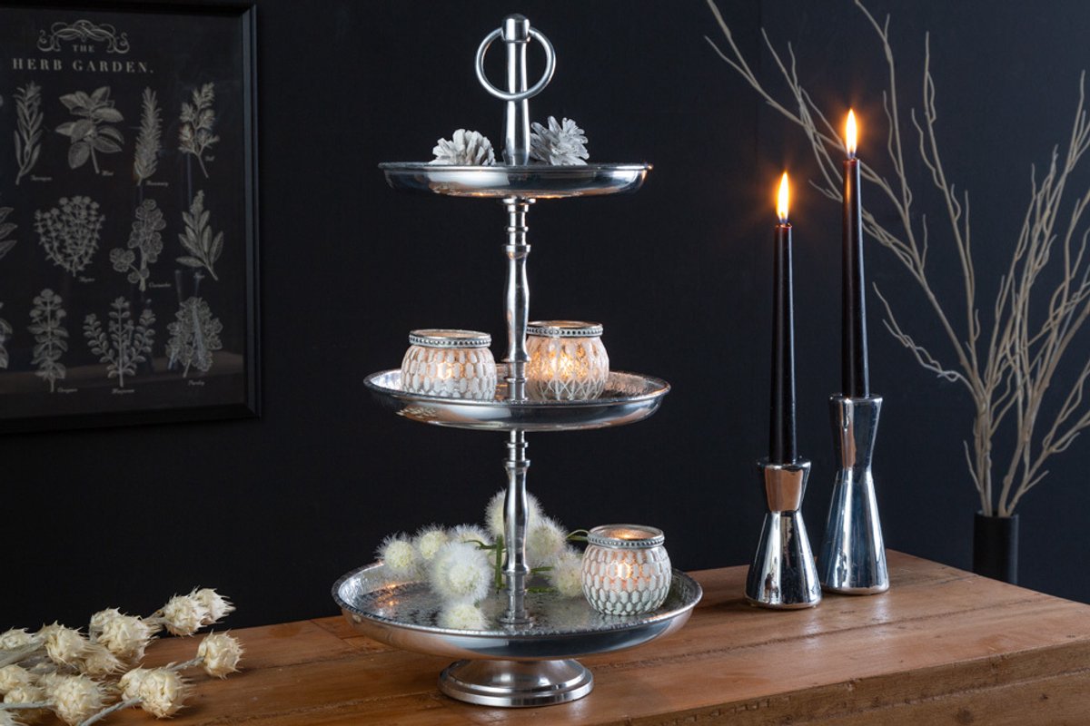 Design taartplateau ORIENT 47cm zilver in wildhammerafwerking met drie niveaus - 41534