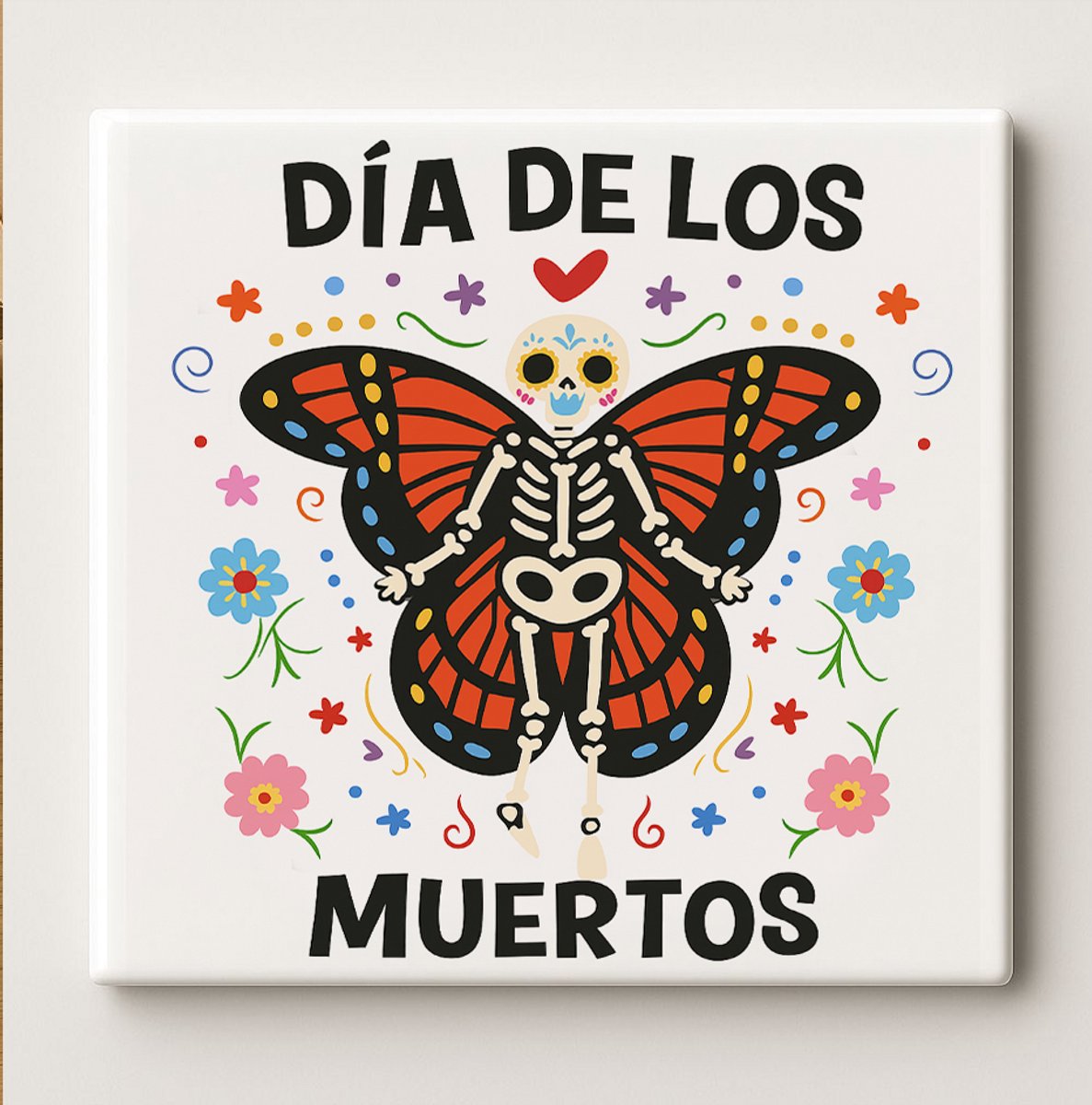 Nevolis Día de los Muertos Keramische Tegel – 15x15 cm Kleurrijk Suikerhoofd & Vlinder Ontwerp – Mexicaanse Dag van de Doden Wanddecoratie & Huisdecoratie Multi Color