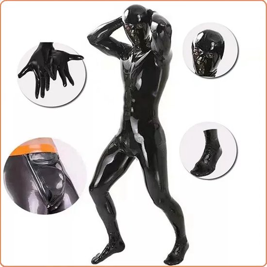 Zwart glanzend catsuit met capuchon, handschoenen en sokken.