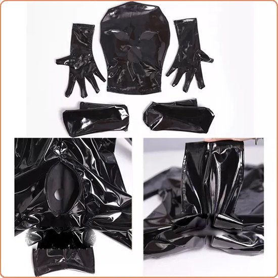 Zwarte glanzende kledingstukken: capuchon, handschoenen, sokken en bodysuit met rits.