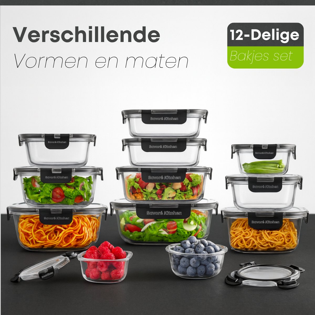Savoré Kitchen Vershoudbakjes Set - Glas 12 stuks- Luchtdicht - Meal Prep Bakjes – Diepvriesbakjes - Set — afbeelding 5