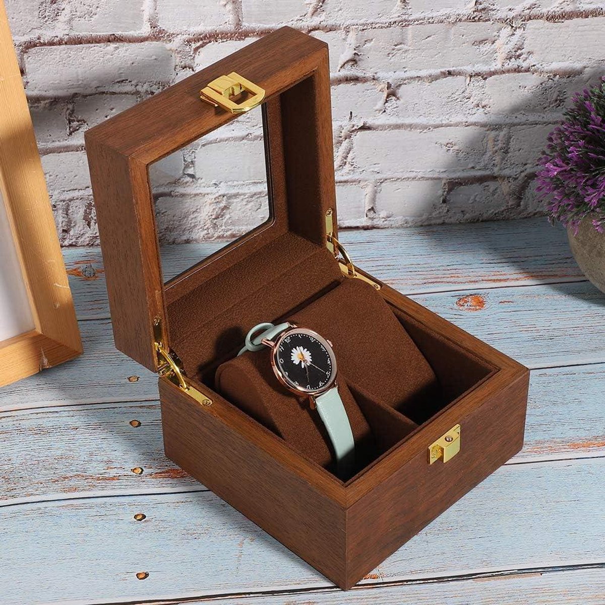 Allecto Plus - Houten Vierkante Horloge Opbergkoffer met slot - Horlogedoos voor reizen - Polshorloge draagtas